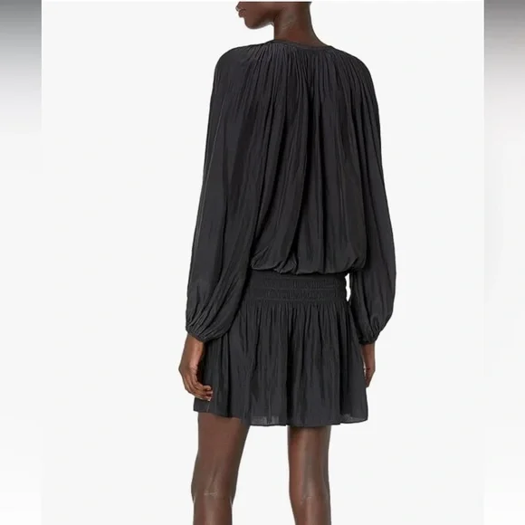 Ramy Brook Rosey Blouson Smocked Mini Dress Black Long Sleeve Tie Neck Size S - Picture 3 of 16